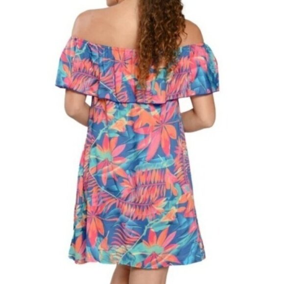 Ingear Resort Tropical Leaf Print Off-Shoulder Summer Oversized Swim Dress NWT - Picture 2 of 13